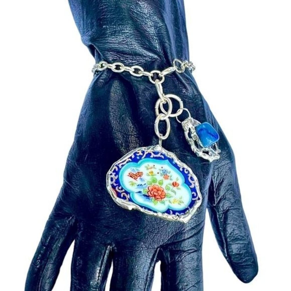 Artisan Broken China & Sodalite Charm Bracelet  Repurposed Upcycled